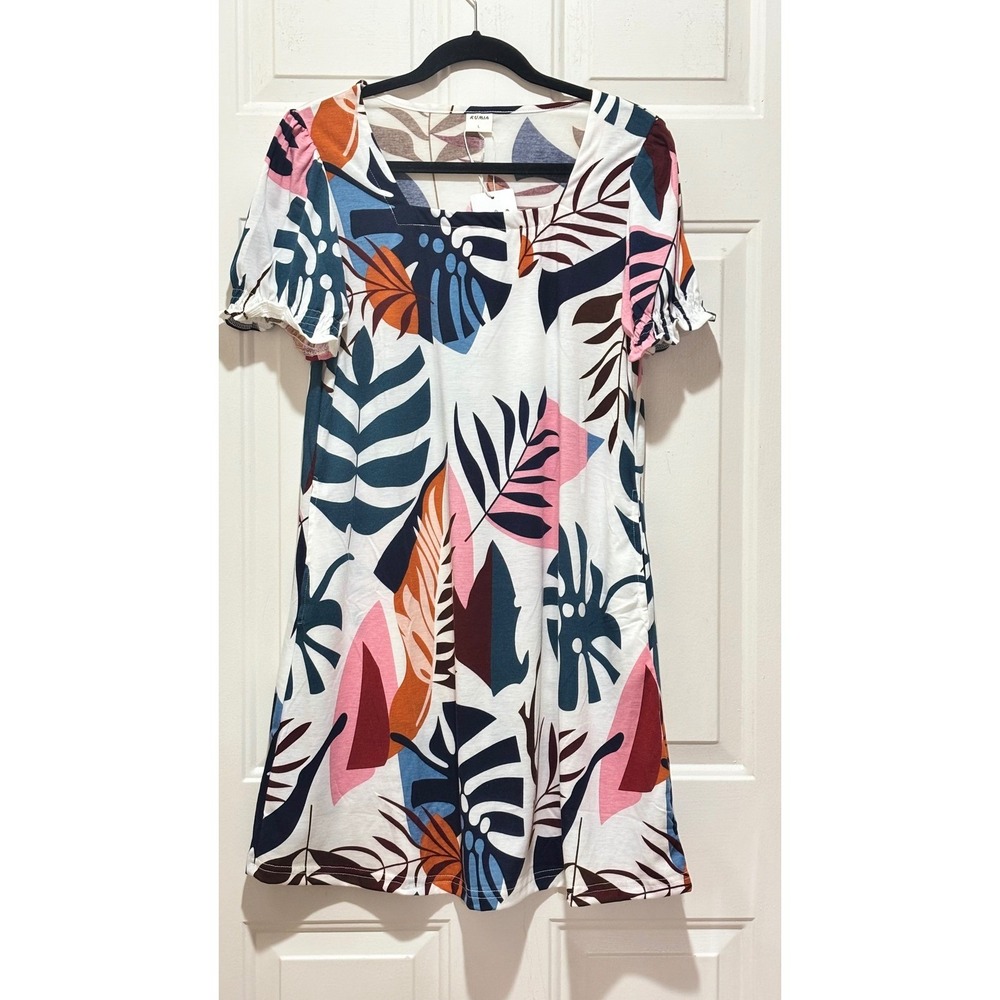 Rumia Womens Tropical Leaf Print Mini Dress Short Ruffle Sleeve Multicolor L NEW